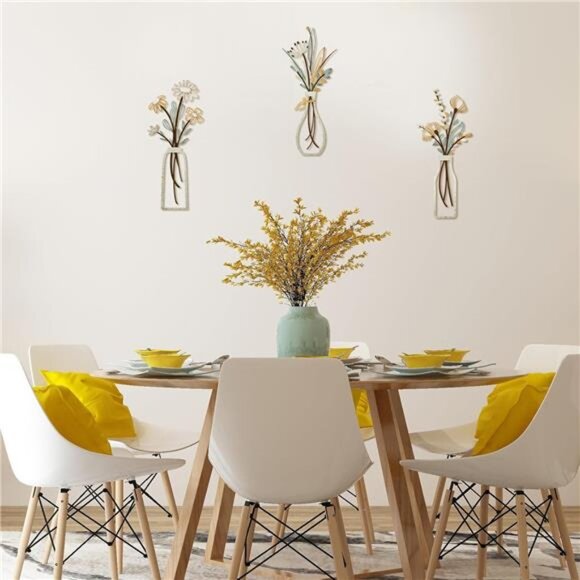 3 Pieces Metal Flowers Wall Arts -Rustic Farmhouse Decor Beige Minimalist Flower - Picture 3 of 7